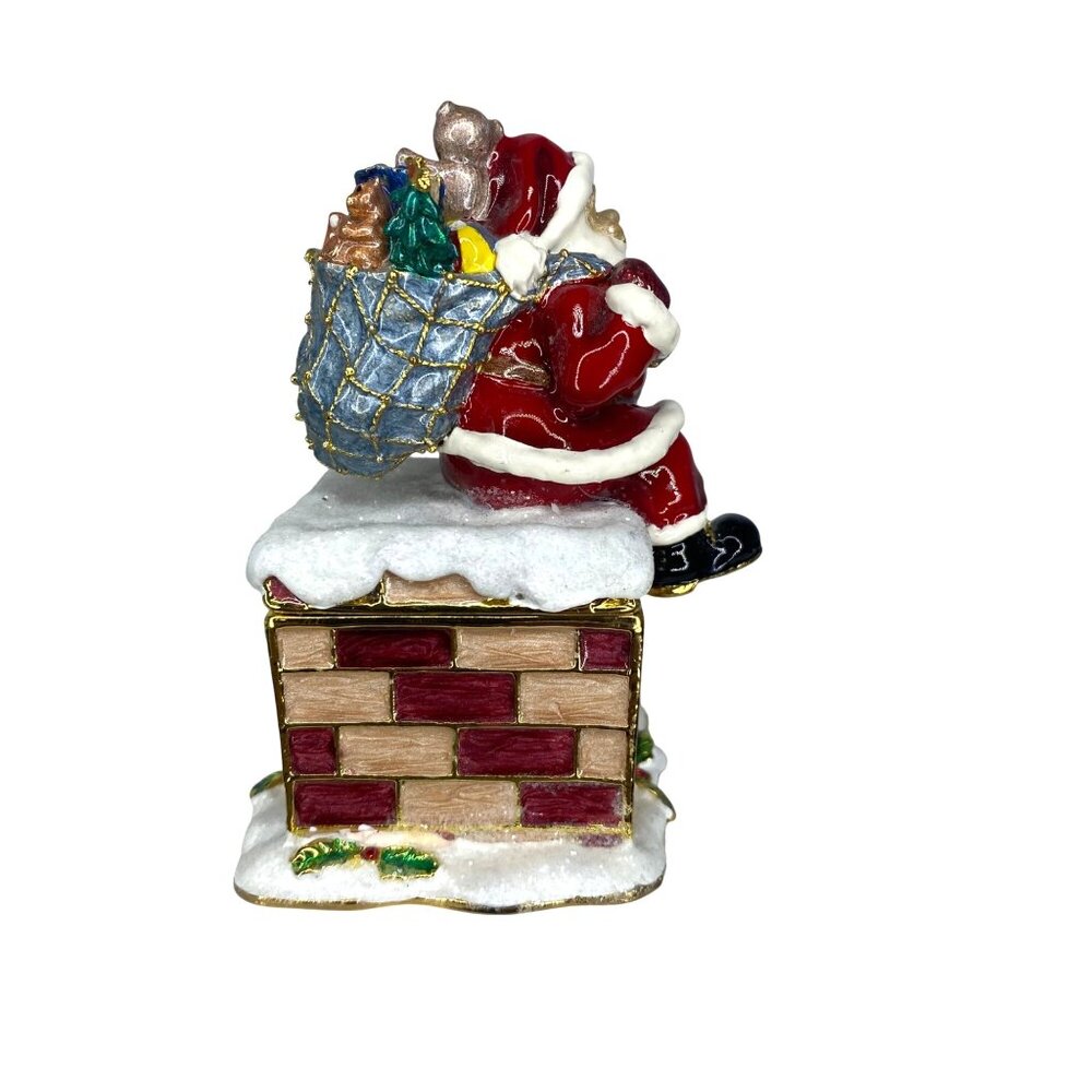 Enameled Bejeweled Santa on Chimney Jewelry Trinket Box collectable - Picture 2 of 11